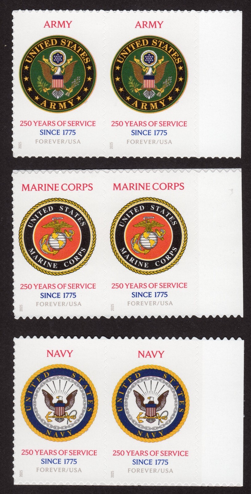 Scott #6010-6012 US Army Navy Marines 250th Anniversary Pair of Stamps - MNH