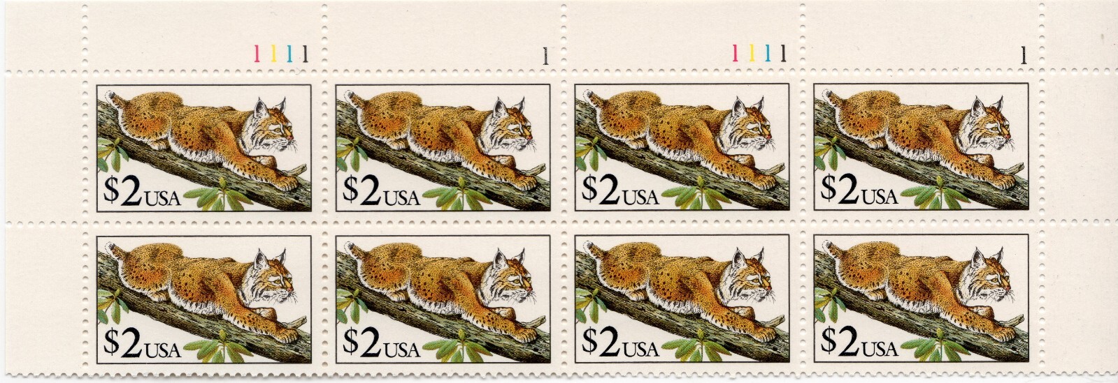 Scott #2482 $2 Bobcat Plate Block of 8 Stamps - MNH Top