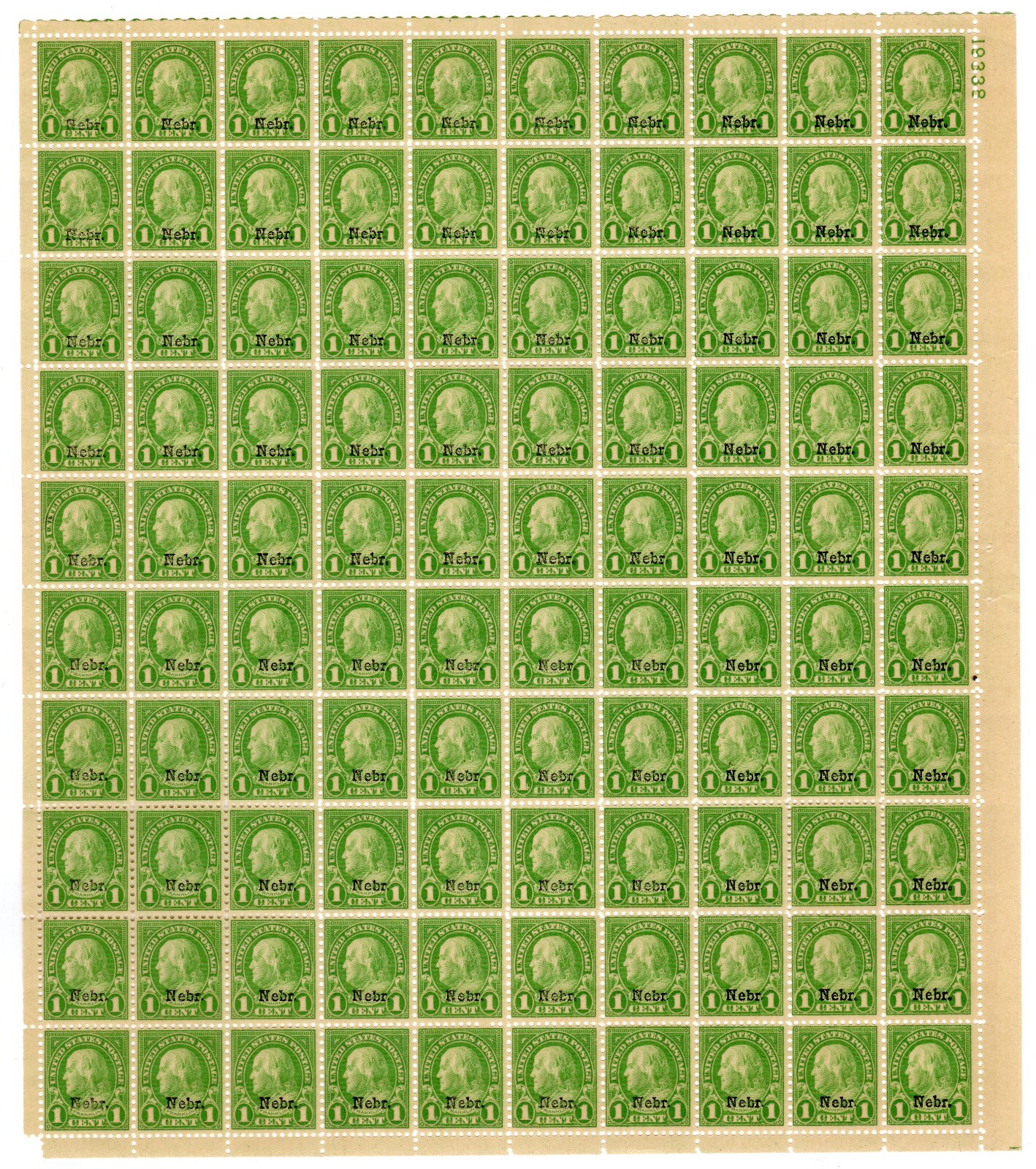Scott #669 Benjamin Franklin Nebraska Overprint Sheet of 100 Stamps - MNH APEX
