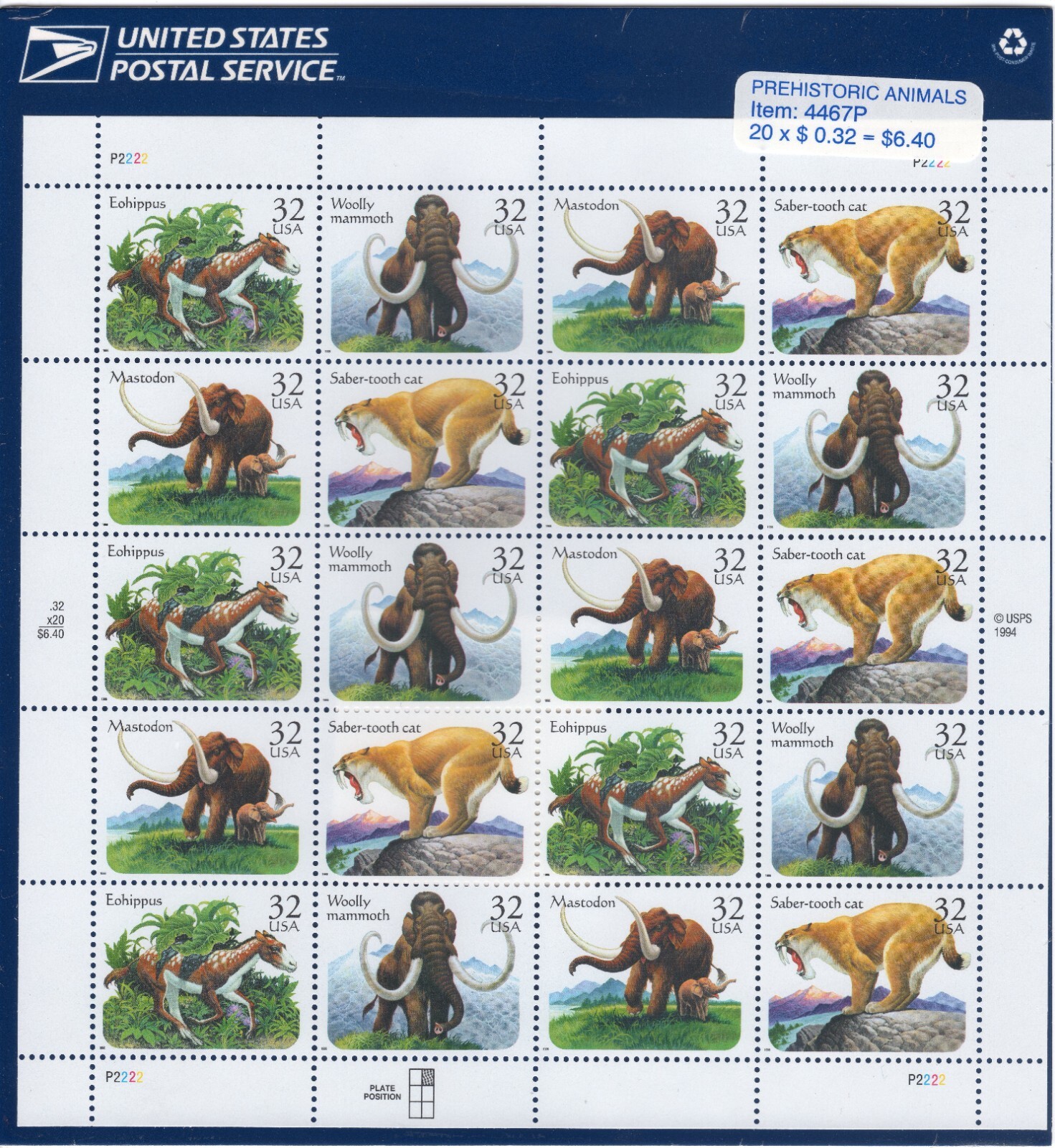 Scott #3080a (3077-3080) Prehistoric Animals Sheet of 20 Stamps - Sealed