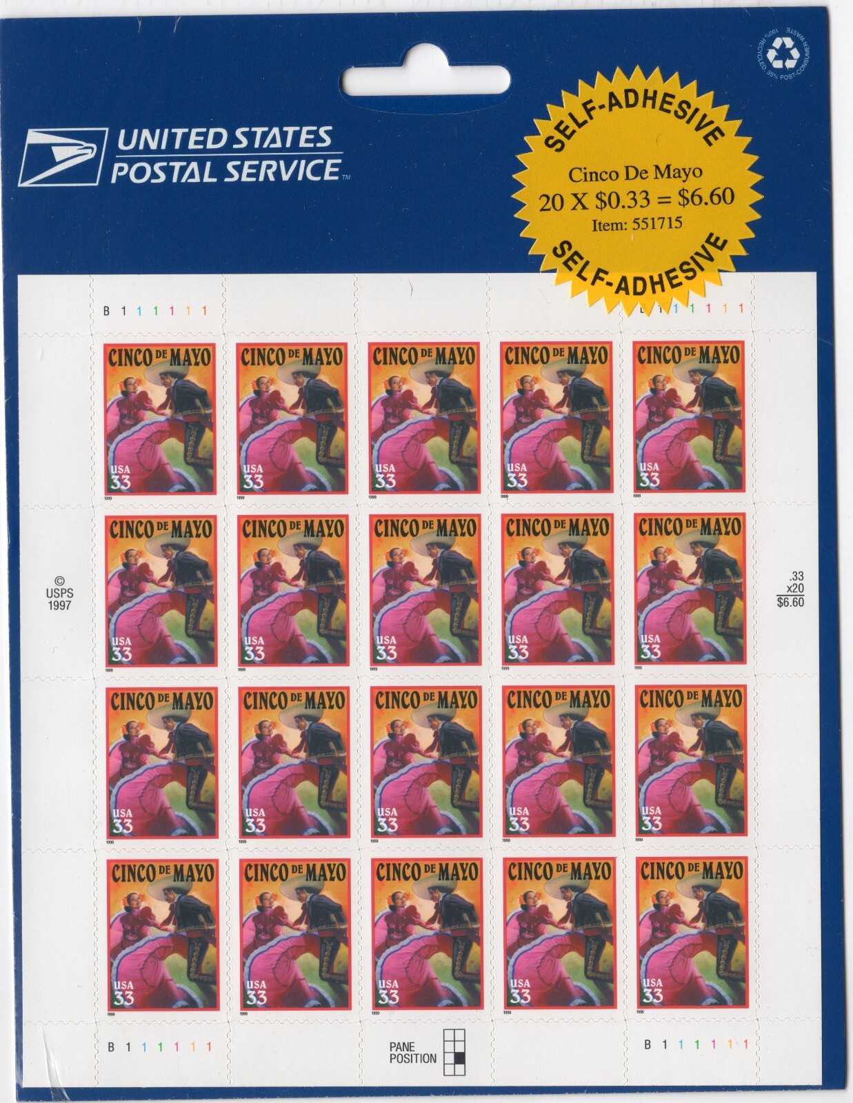 Scott #3309 Cinco de Mayo Full Sheet of 20 Stamps - Sealed Blue