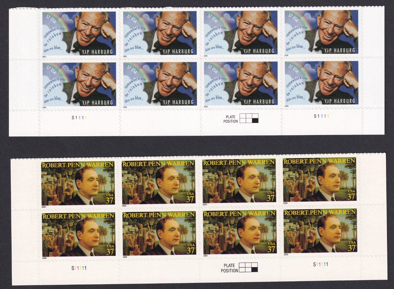 Scott #3904 3905 Robert Penn Warren Yip Harburg Plate Block of 8 Stamps - MNH