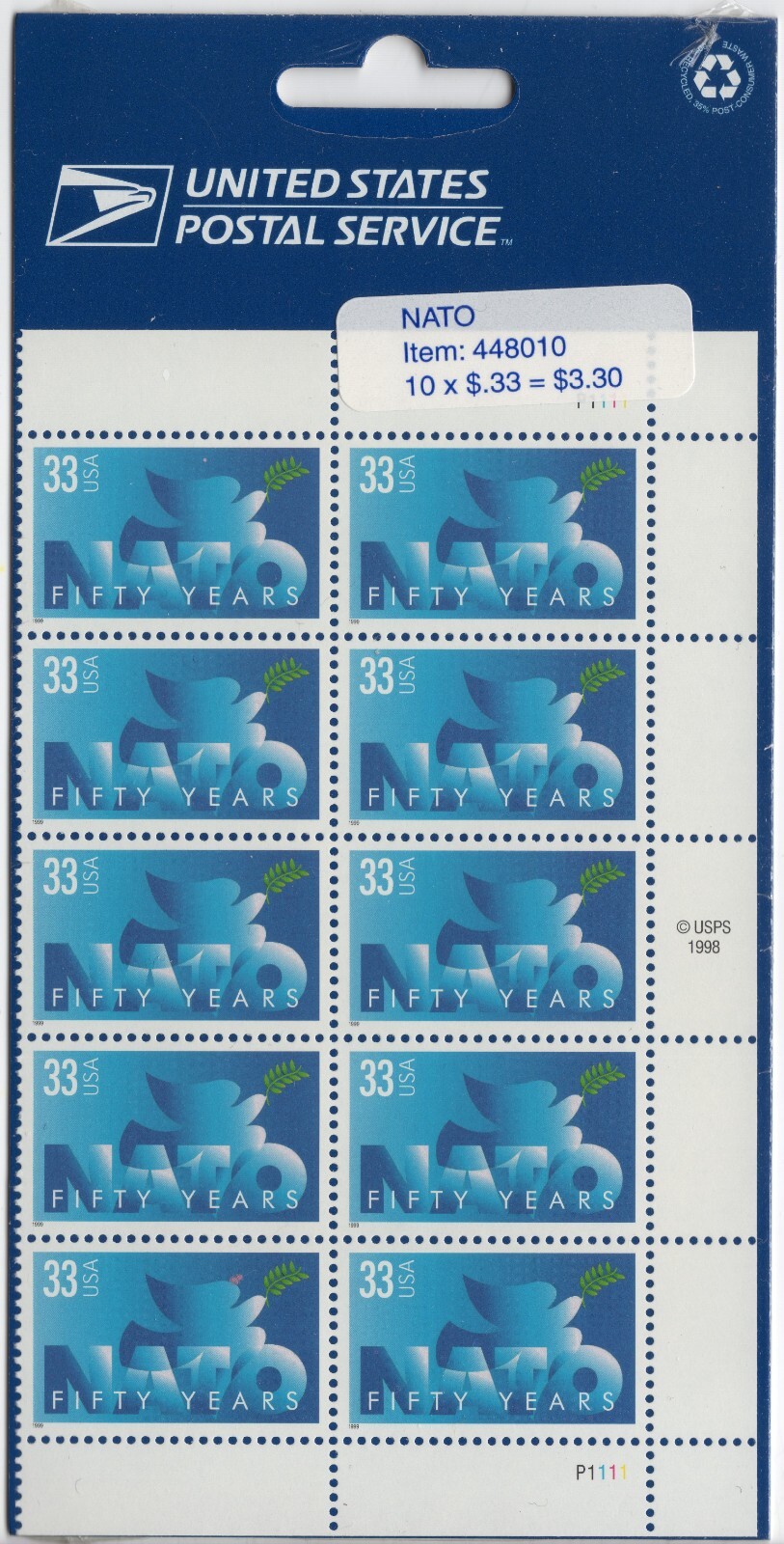 Scott #3354 NATO 50th Half Sheet of 10 Stamps - Sealed