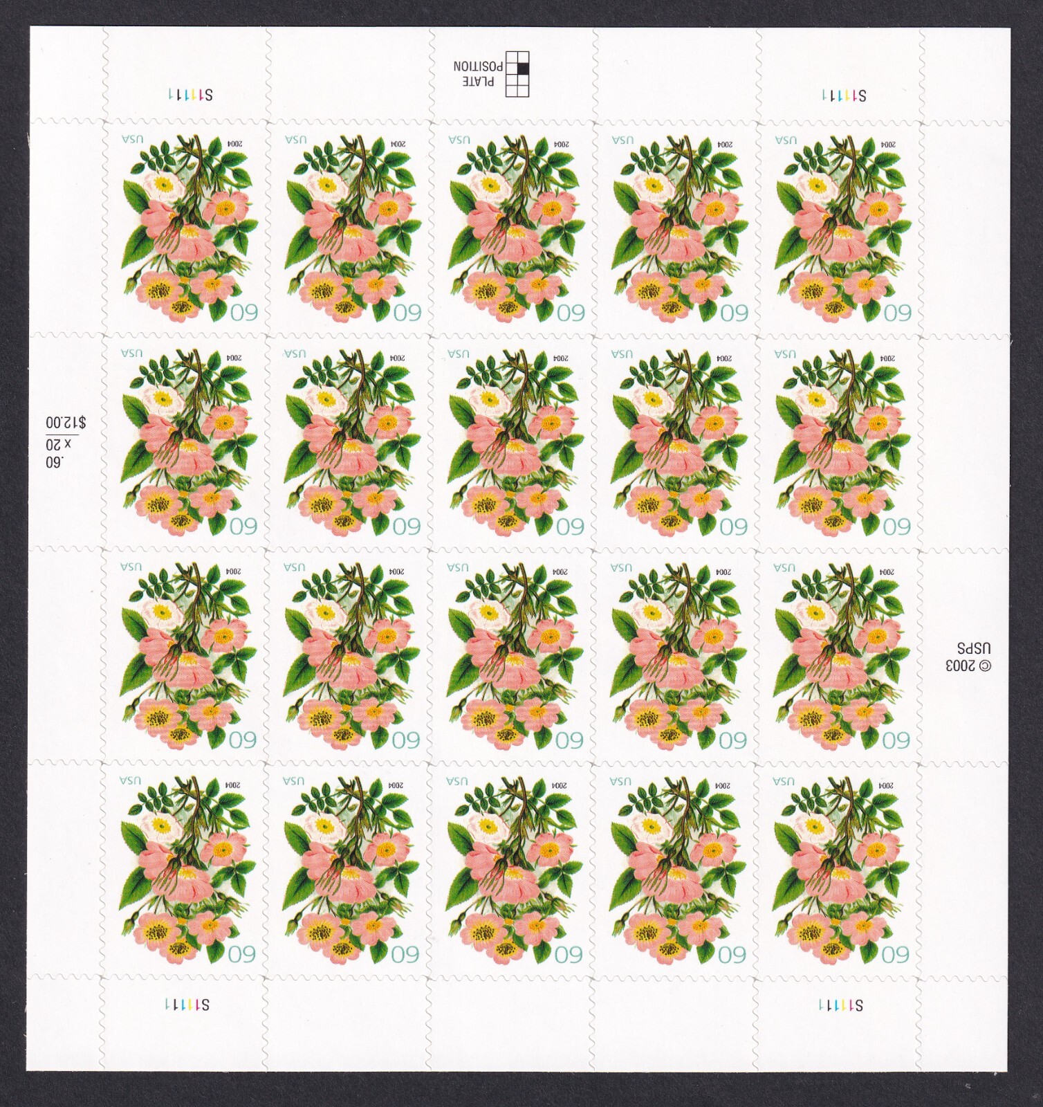 Scott #3837 Pink Roses Bouquet Sheet of 20 Stamps - MNH Position #5