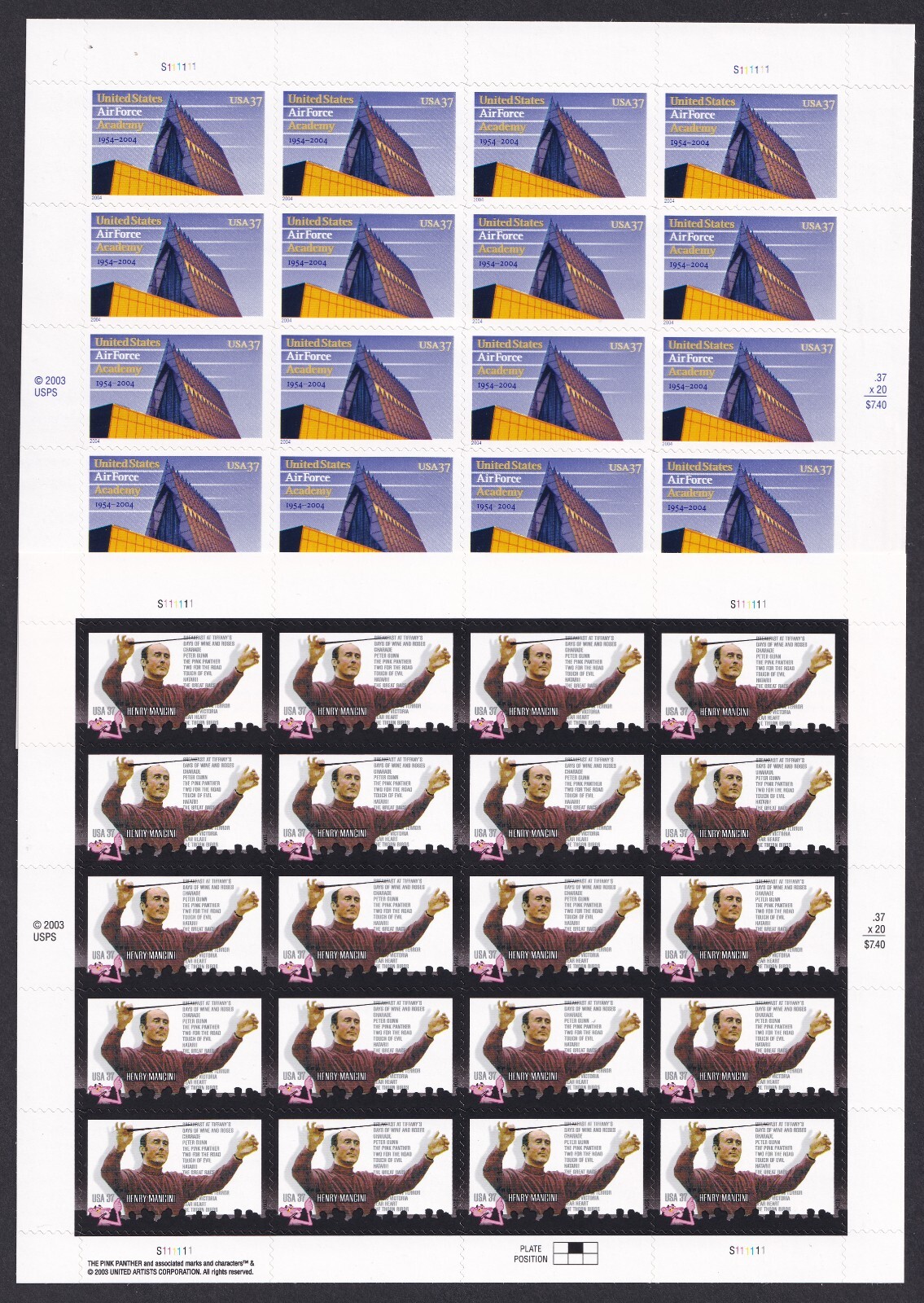 Scott #3838 3839 Air Force Academy HENRY MANCINI Sheet of 20 37¢ Stamps - MNH