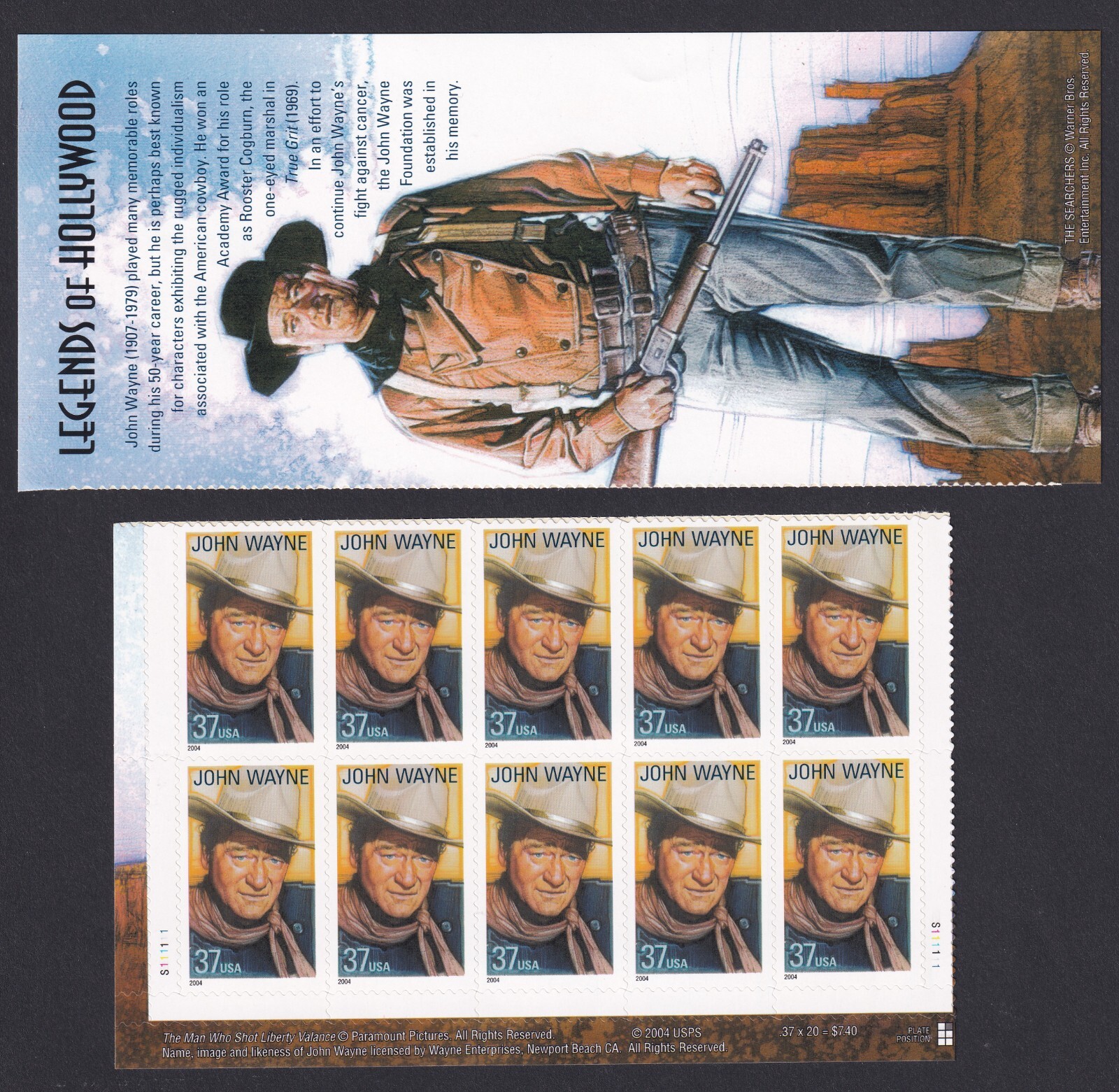 Scott #3876 John Wayne Plate Block of 10 Stamps - MNH w/Title Block