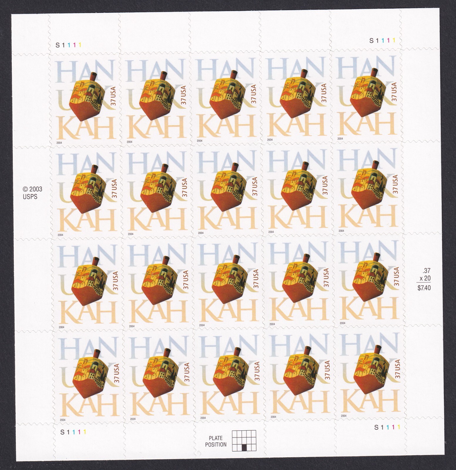 Scott #3880 Hanukkah (Jewish Holiday) Sheet of 20 Stamps - MNH