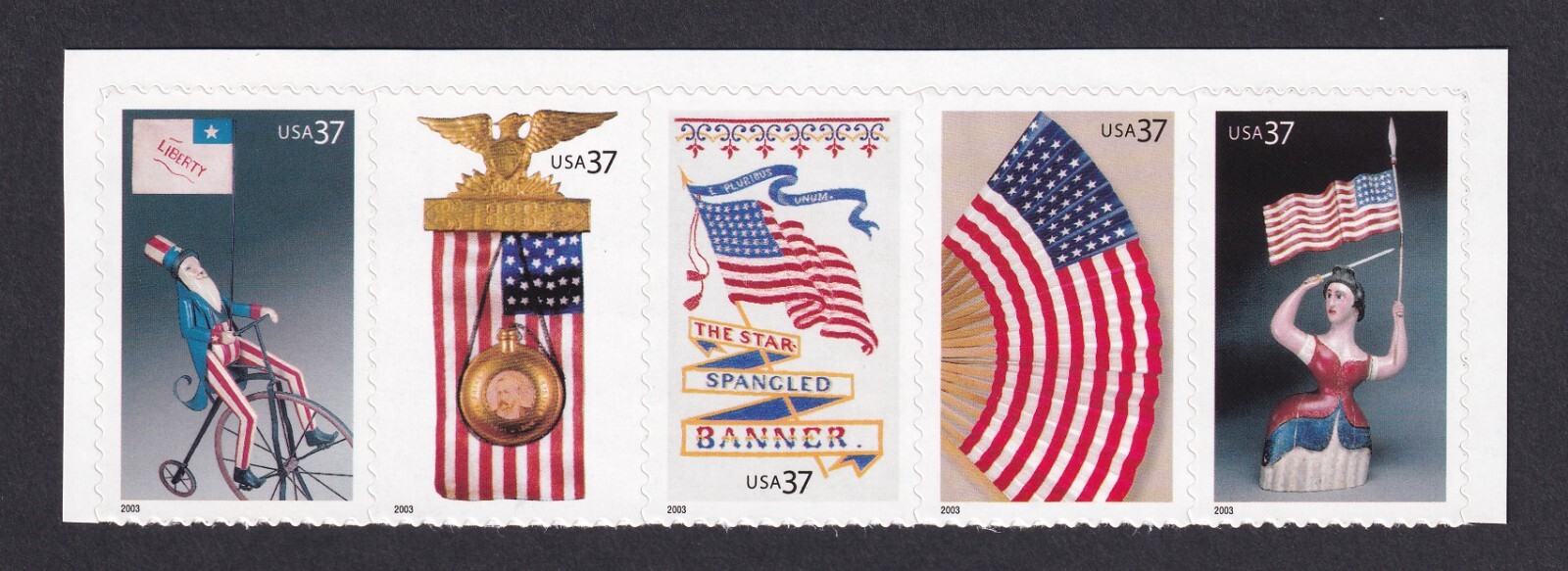 Scott #3780a (3776 from BK294) Old Glory Strip of 5 Stamps - MNH w/Selvage - Top