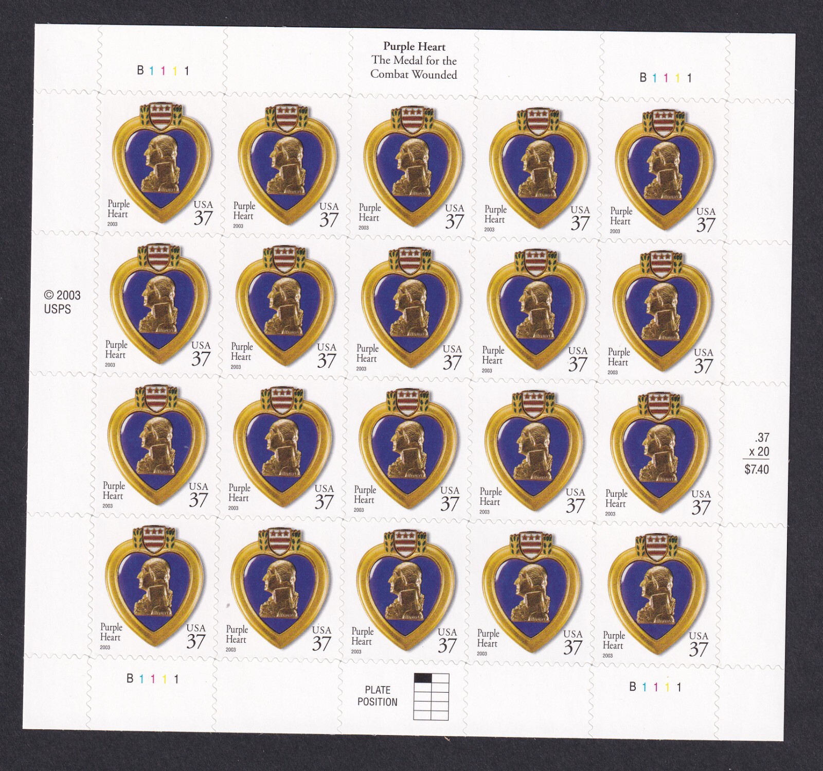 Scott #3784 Purple Heart Sheet of 20 Stamps - MNH
