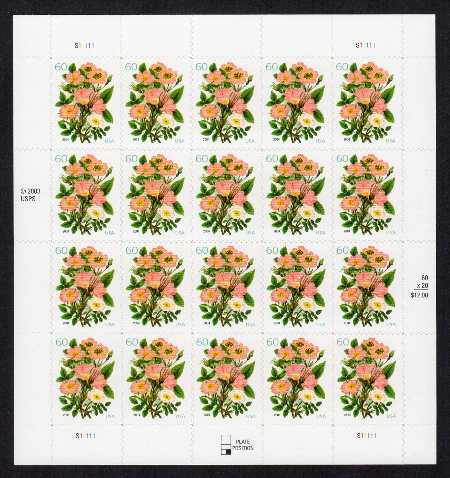 Scott #3837 Pink Roses Bouquet Sheet of 20 Stamps - MNH Position #8