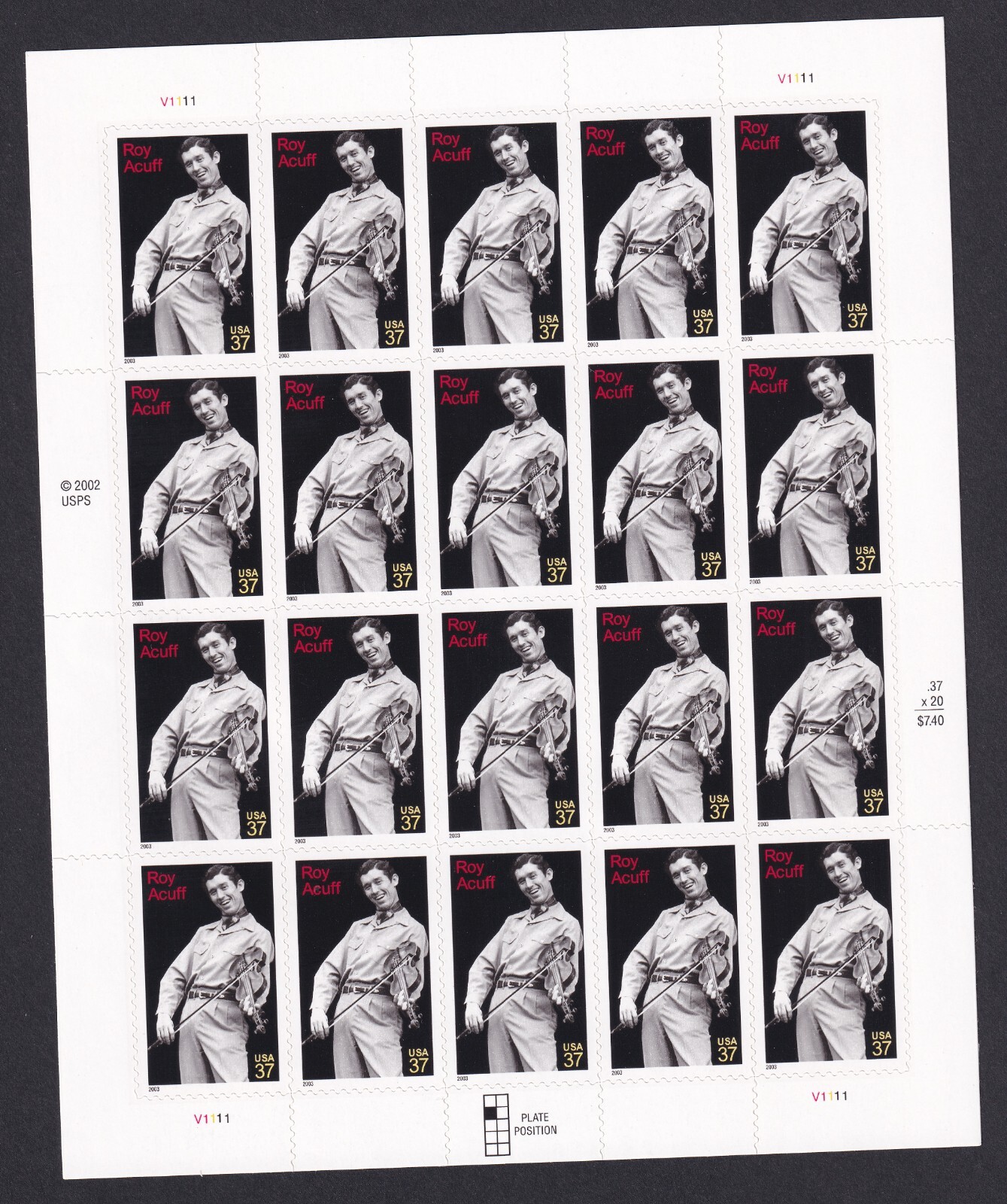 Scott #3812 Roy Acuff (Fiddle) Full Sheet of 20 Stamps - MNH Position 3