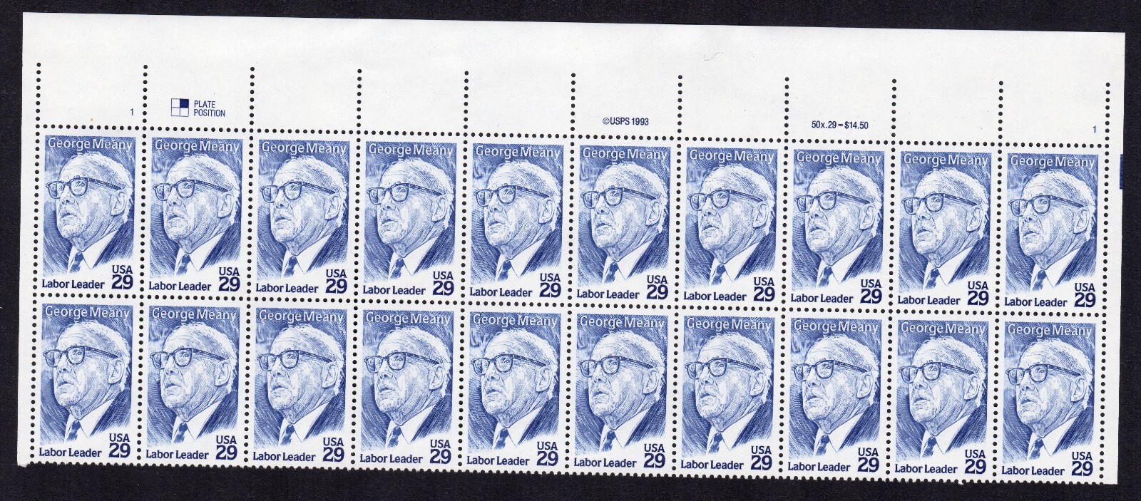 Scott #2848 George Meany Plate Block of 20 Stamps - MNH (2) Plate #s UR