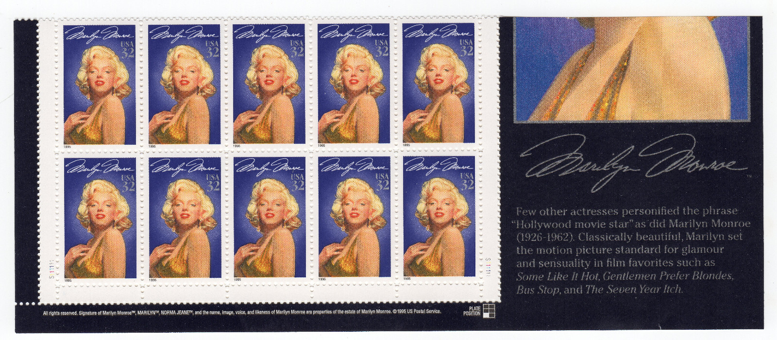 Scott #2967 Marilyn Monroe Plate Block of 10 Stamps - MNH Bottom