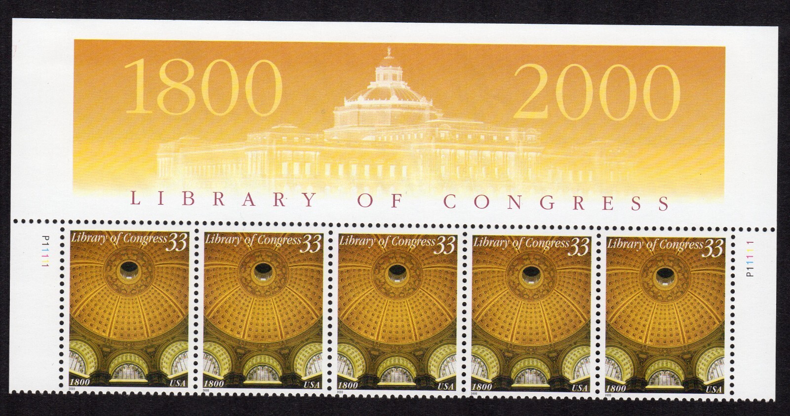 Scott #3390 Library of Congress Title Plate Block of 5 Stamps - MNH