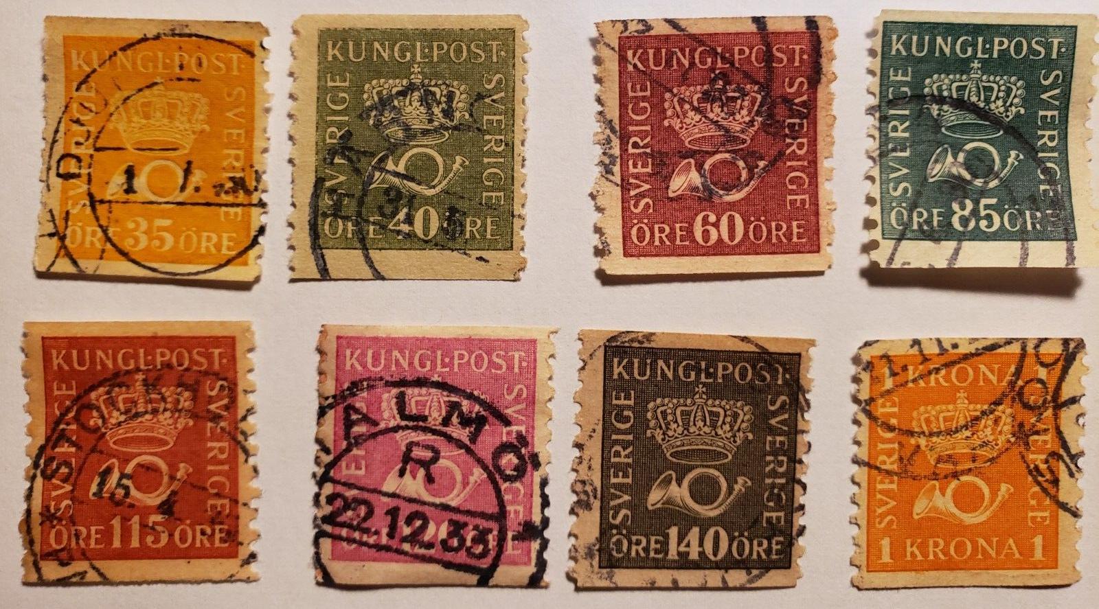 Stamp Europe Sweden 1920-34 set of 8 Crown and Post Horn