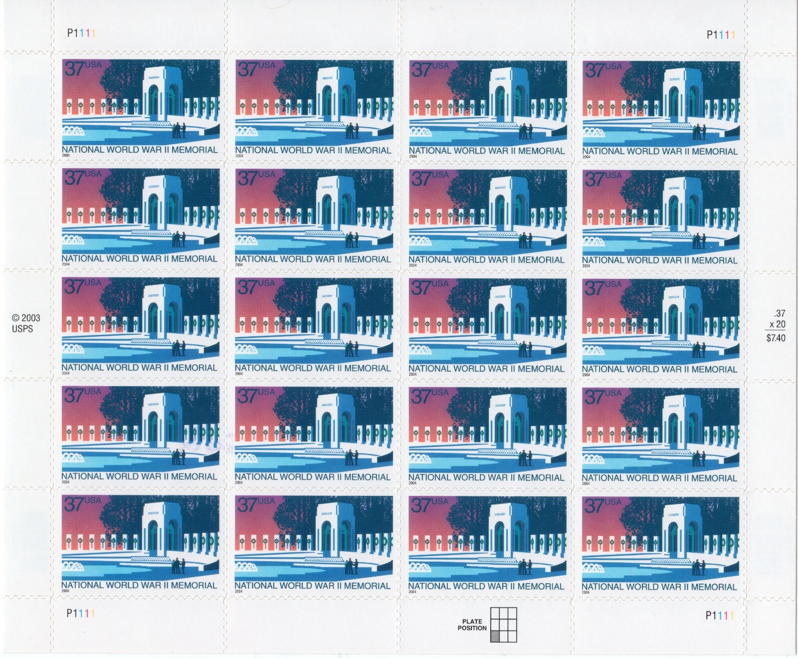 Scott #3862 World War 2 Memorial Sheet of 20 Stamps - MNH