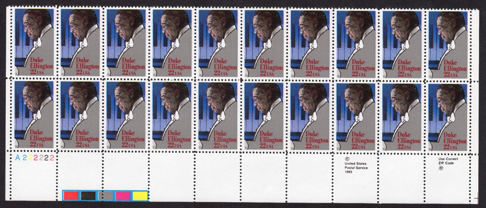 Scott #2211 Duke Ellington 22¢ Plate Block of 20 Stamps - MNH P#A222222 LL PC#3