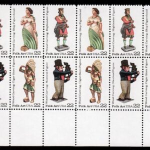 Scott #2243a (2240-43) Wood Carved Figurines Plate Block of 20 Stamps - MNH LL