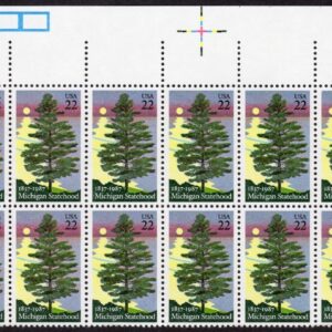 Scott #2246 Michigan Plate Block of 20 Stamps - MNH P#11111 UR Cross