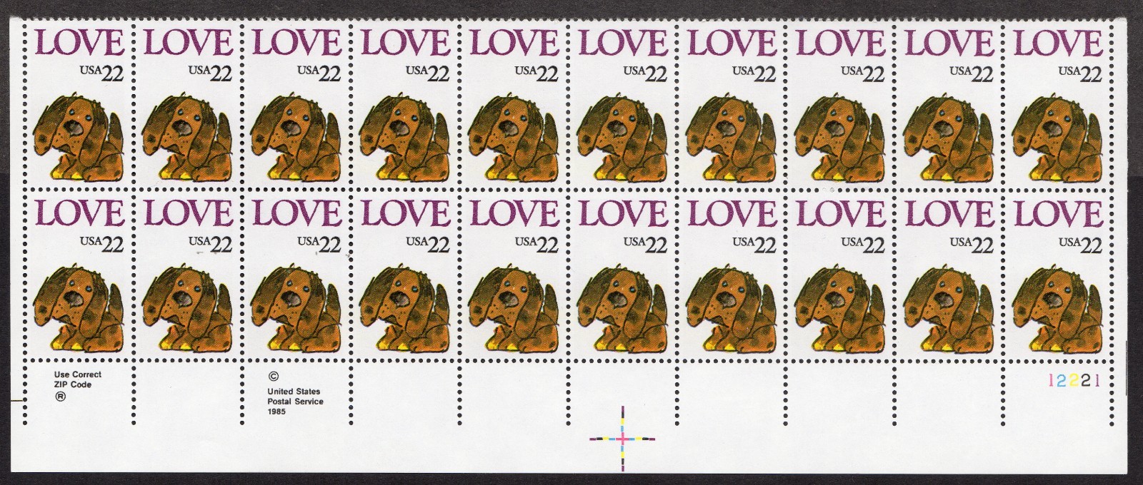 Scott #2202 Puppy Love Plate Block of 20 Stamps - MNH LR