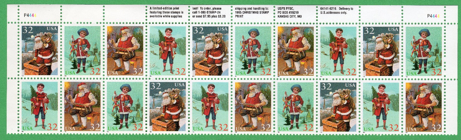 Scott #3004-3007a Santa & Boy Plate Block Of 20 Stamps - MNH P#P4444 Top