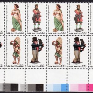 Scott #2243a (2240-43) Wood Carved Figurines Plate Block of 20 Stamps - MNH LR
