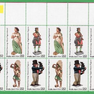 Scott #2243a (2240-43) Wood Carved Figurines Plate Block of 20 Stamps - MNH UL