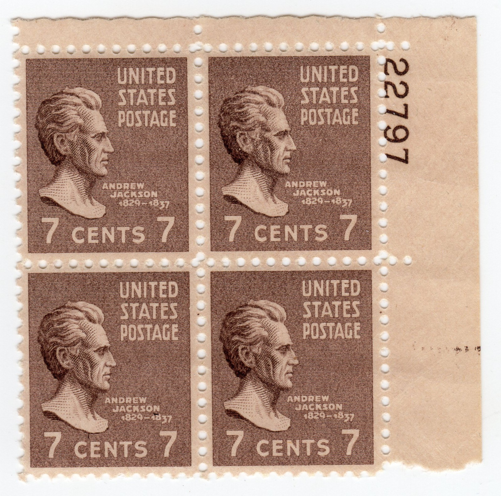 Scott #812 Andrew Jackson Plate Block of 4 Stamps - MNH P#22797 UR #5 VF/XF