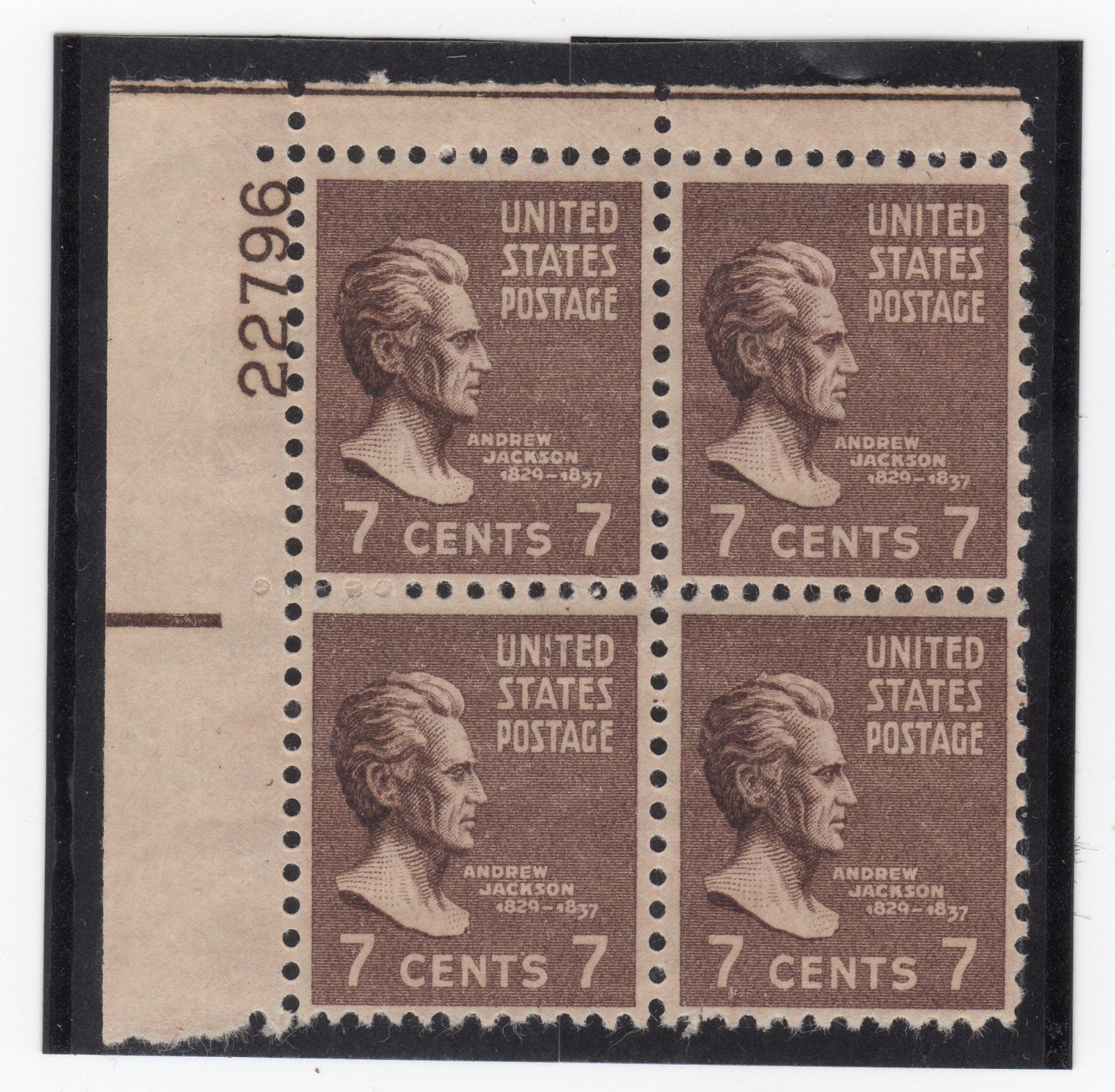 Scott #812 Andrew Jackson Plate Block of 4 Stamps - MNH P#22796 UL #10 VF/XF