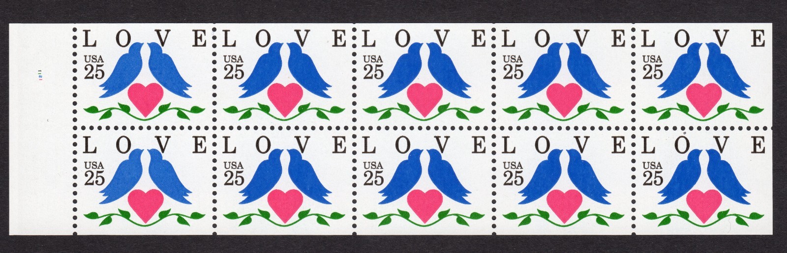 Scott #2441a Love Birds Booklet Pane of 10 Stamps - MNH P#1211