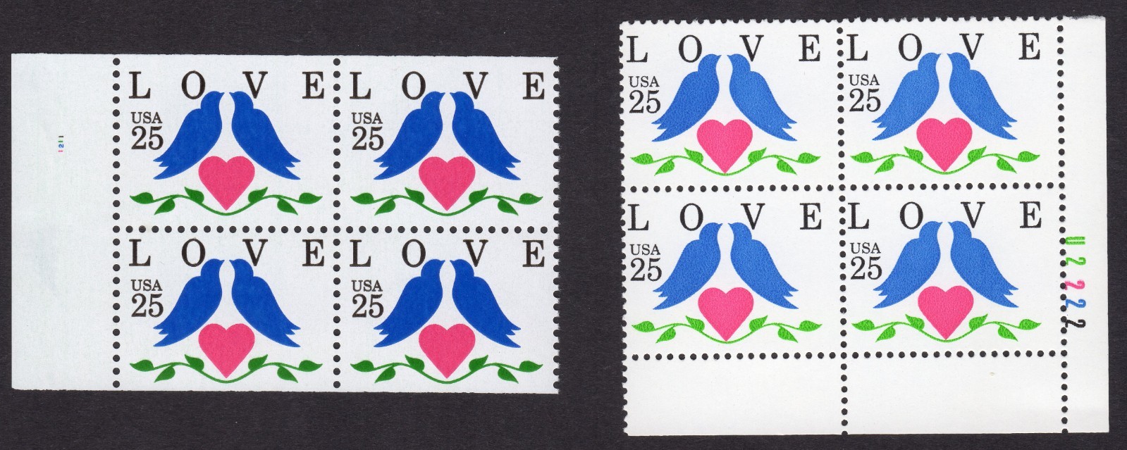 Scott #2440 2441 Love Birds Plate Blocks of 4 Stamps - MNH #2