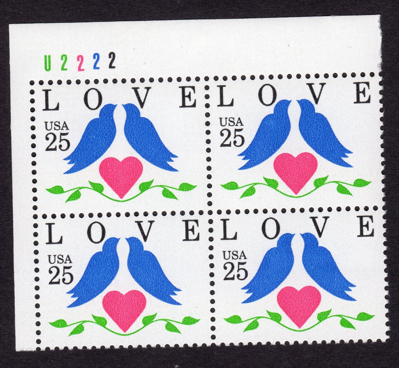 Scott #2440 Love Birds Plate Block of 4 Stamps - MNH P#U2222 UL