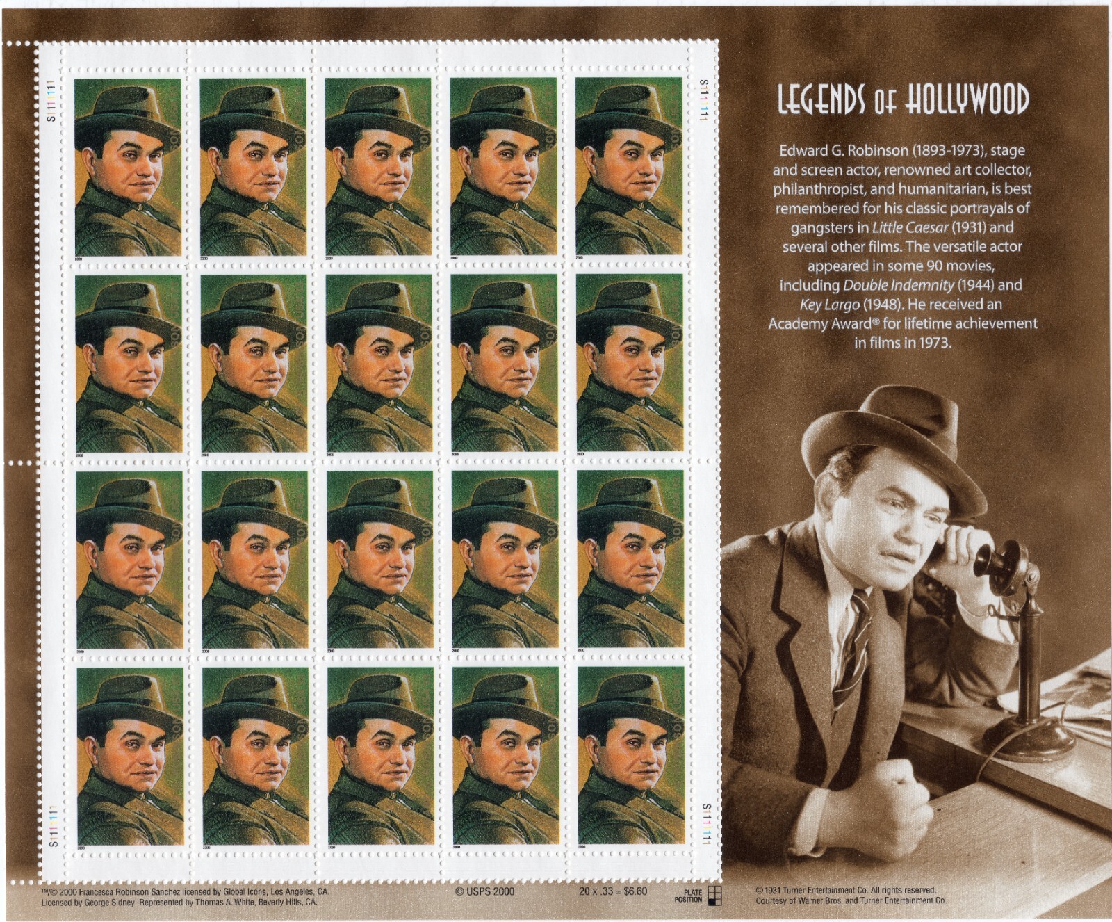 Scott #3446 Edward G. Robinson (Legends of Hollywood) Sheet of 20 Stamps- MNH