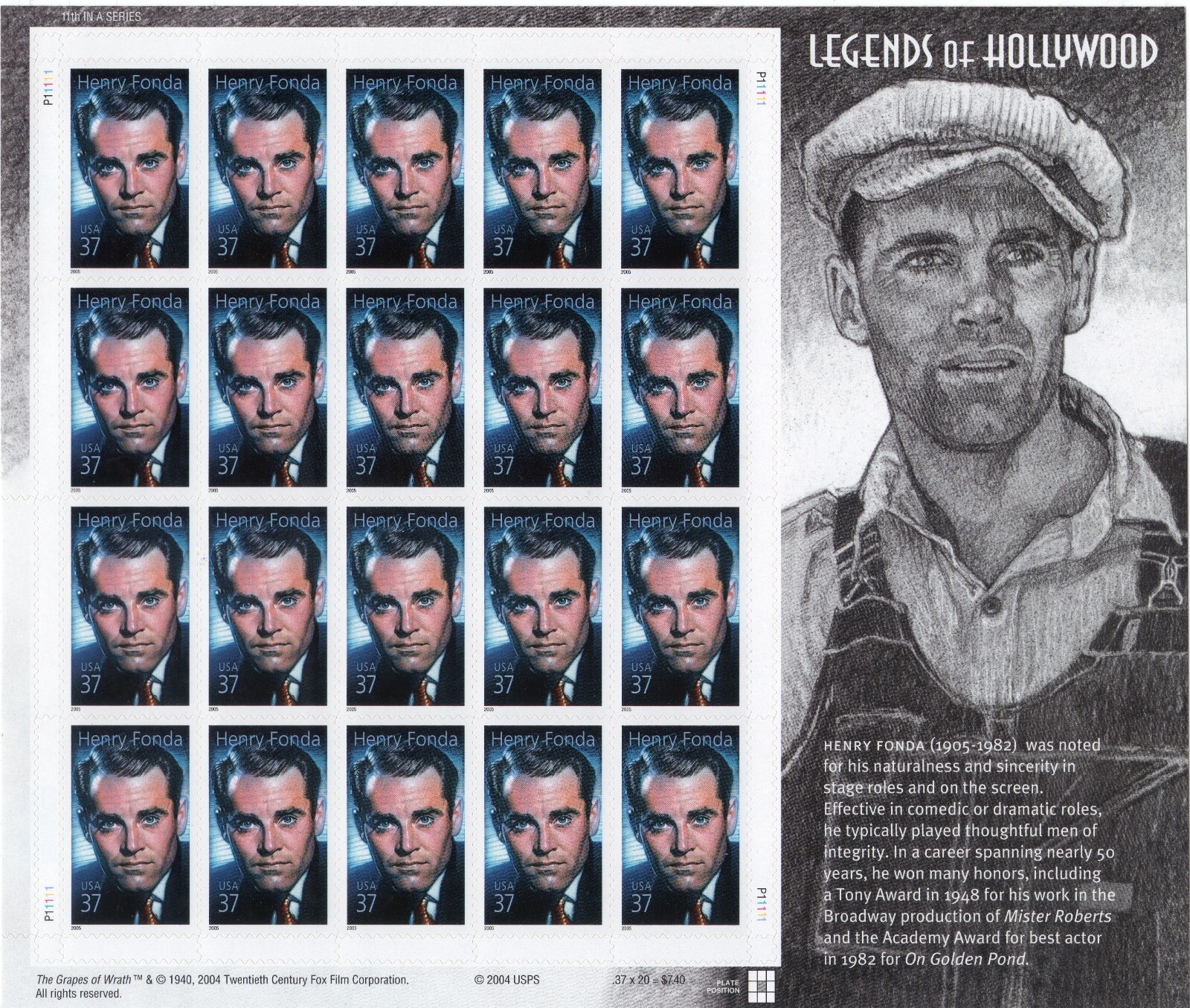 Scott #3911 Henry Fonda (Legends of Hollywood) Sheet of 20 Stamps - MNH