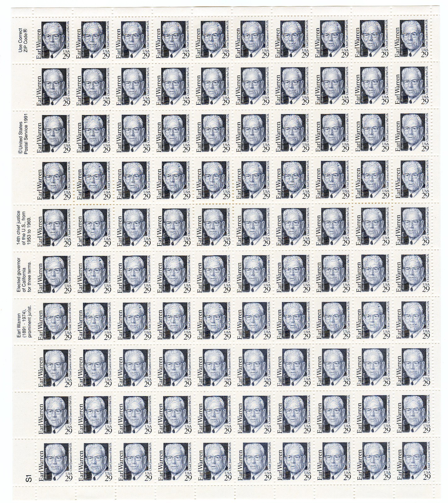 Scott #2184 Earl Warren Sheet of 100 Stamps - MNH P#S1 LL