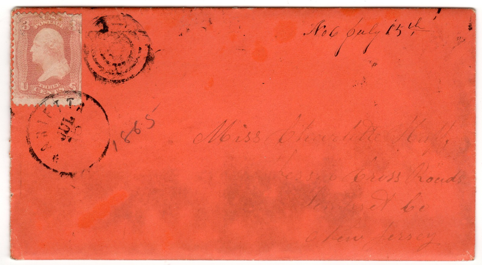 Scott #64, Cover w/4 page letter dated July 14, 1865, cancel July 15