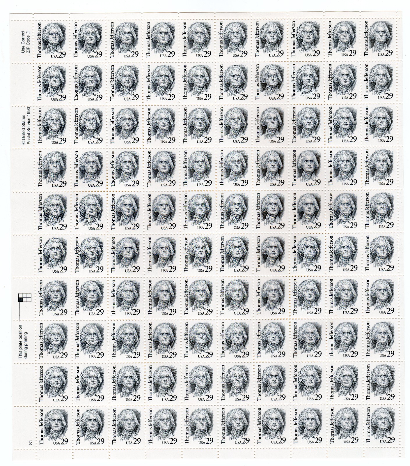 Scott #2185 Thomas Jefferson (Virginia) Sheet of 100 Stamps - MNH P#S1 LL