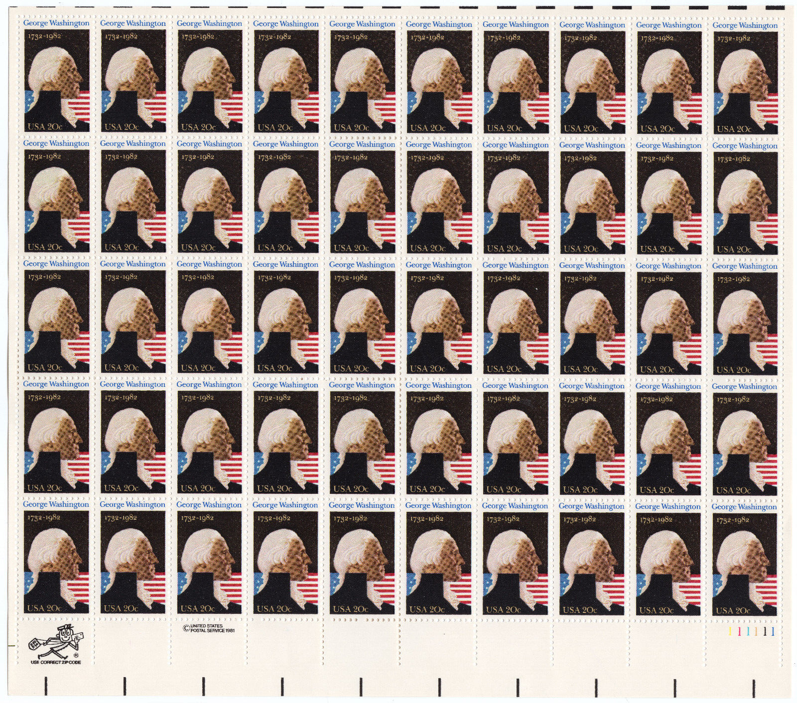 Scott #1952 20¢ George Washington 250th Birthday Sheet of 50 Stamps - MNH LR