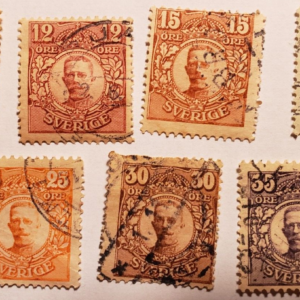 Stamp Europe Sweden six 1911 stamps and one 1918 - King Gustaf V