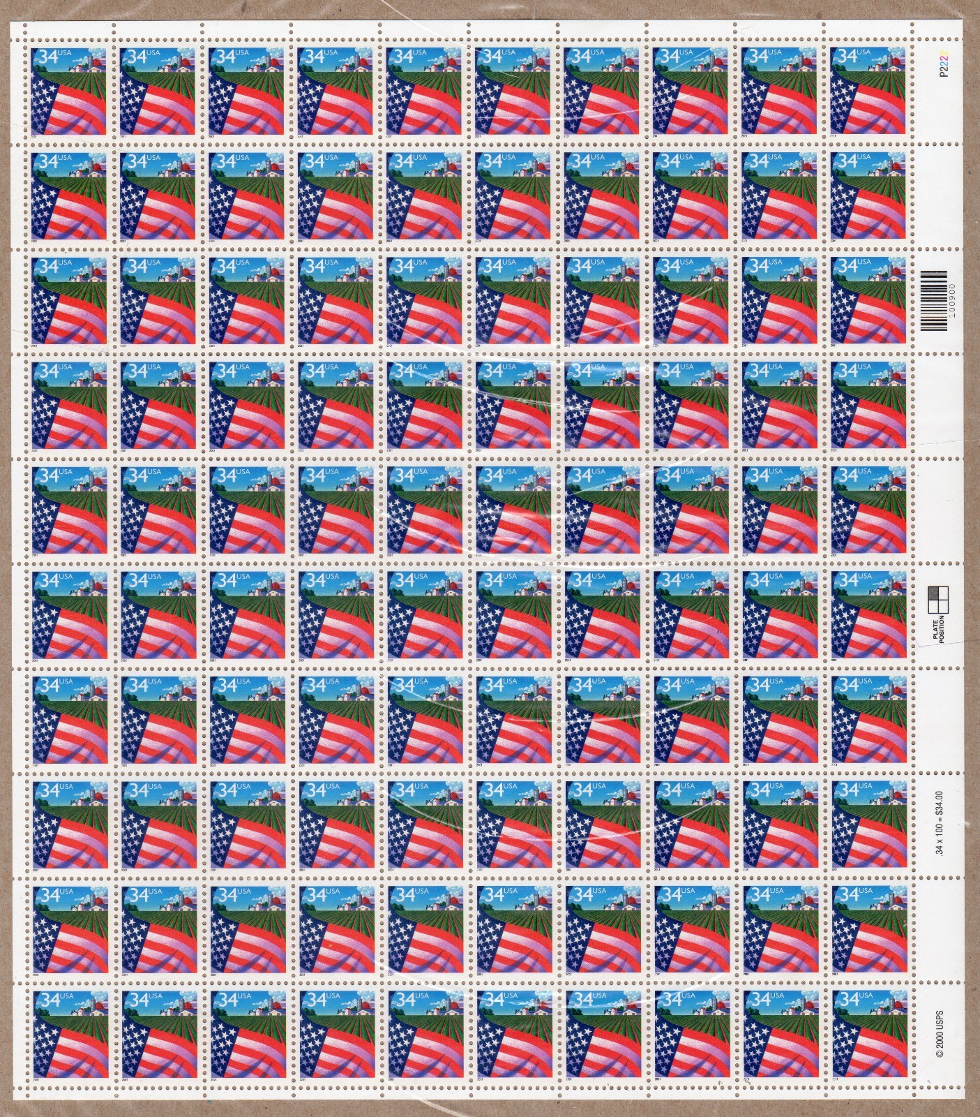 Scott #3469 Flag Over Farm Sheet Of 100 Stamps - MNH P#P2222 2nd printing UR