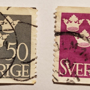 Stamp Europe Sweden 1952 Three Crowns 50o sc439 and 2k sc441