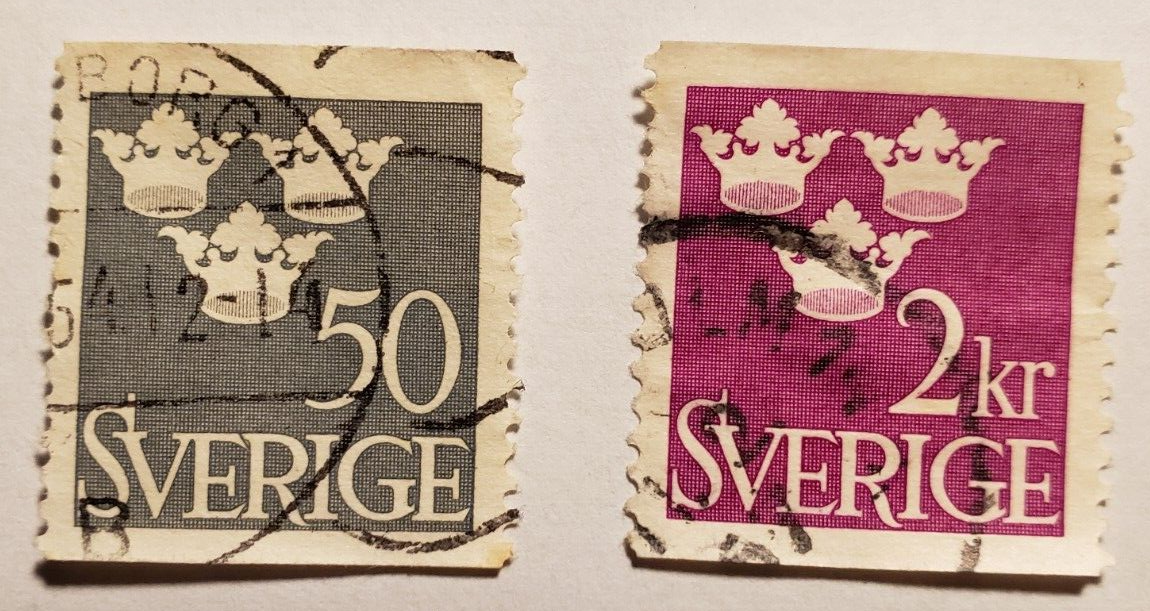 Stamp Europe Sweden 1952 Three Crowns 50o sc439 and 2k sc441