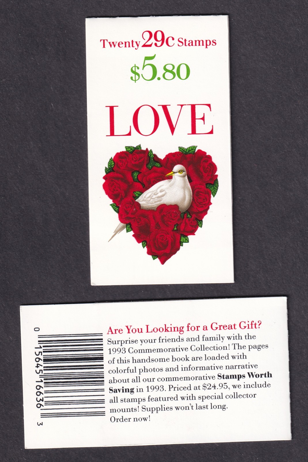 Scott #BK214 (2814a) Love Heart Dove Roses Booklet of 20 Stamps - MNH P#A111111