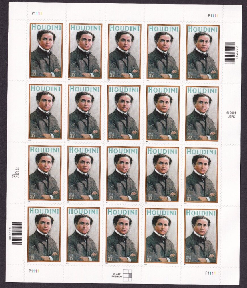 Scott #3651 Houdini Full Sheet of 20 Stamps- MNH P#P1111