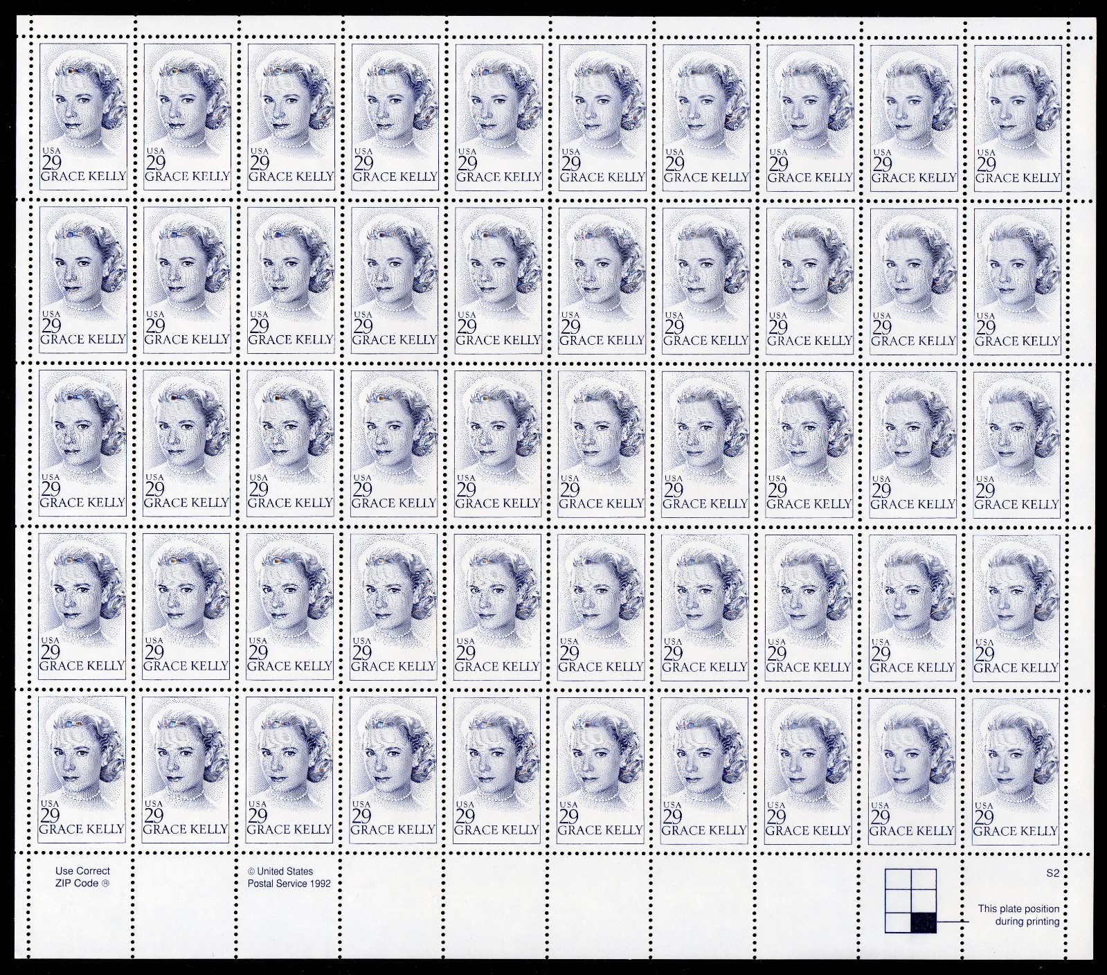 Scott #2749 Grace Kelly (Princess of Monaco) Sheet of 50 Stamps - MNH P#S2 LR #2
