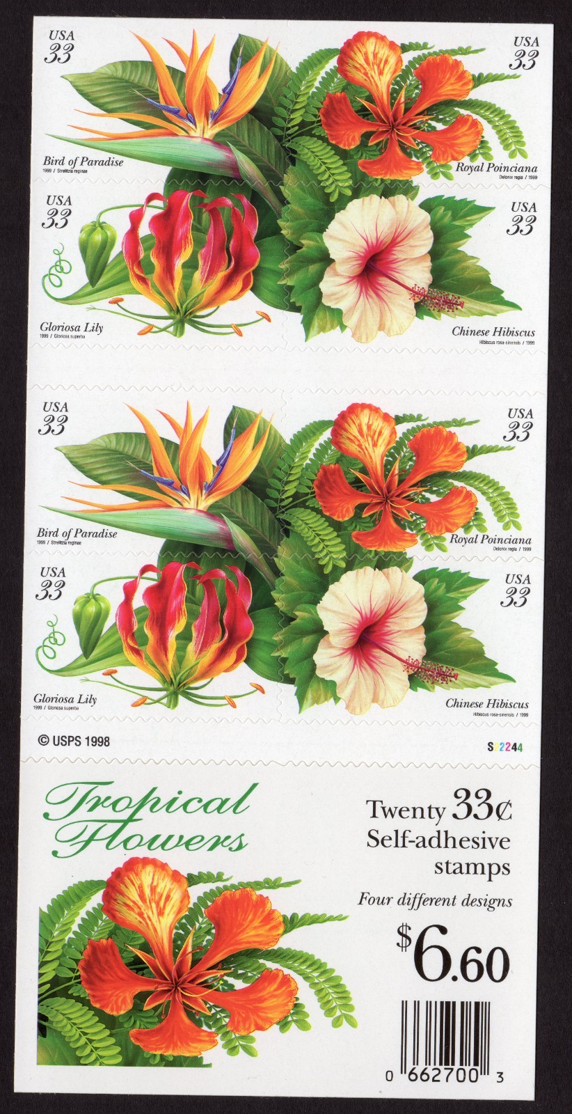 Scott #3313b Tropical Flowers Booklet of 20 Stamps - MNH P#S22244