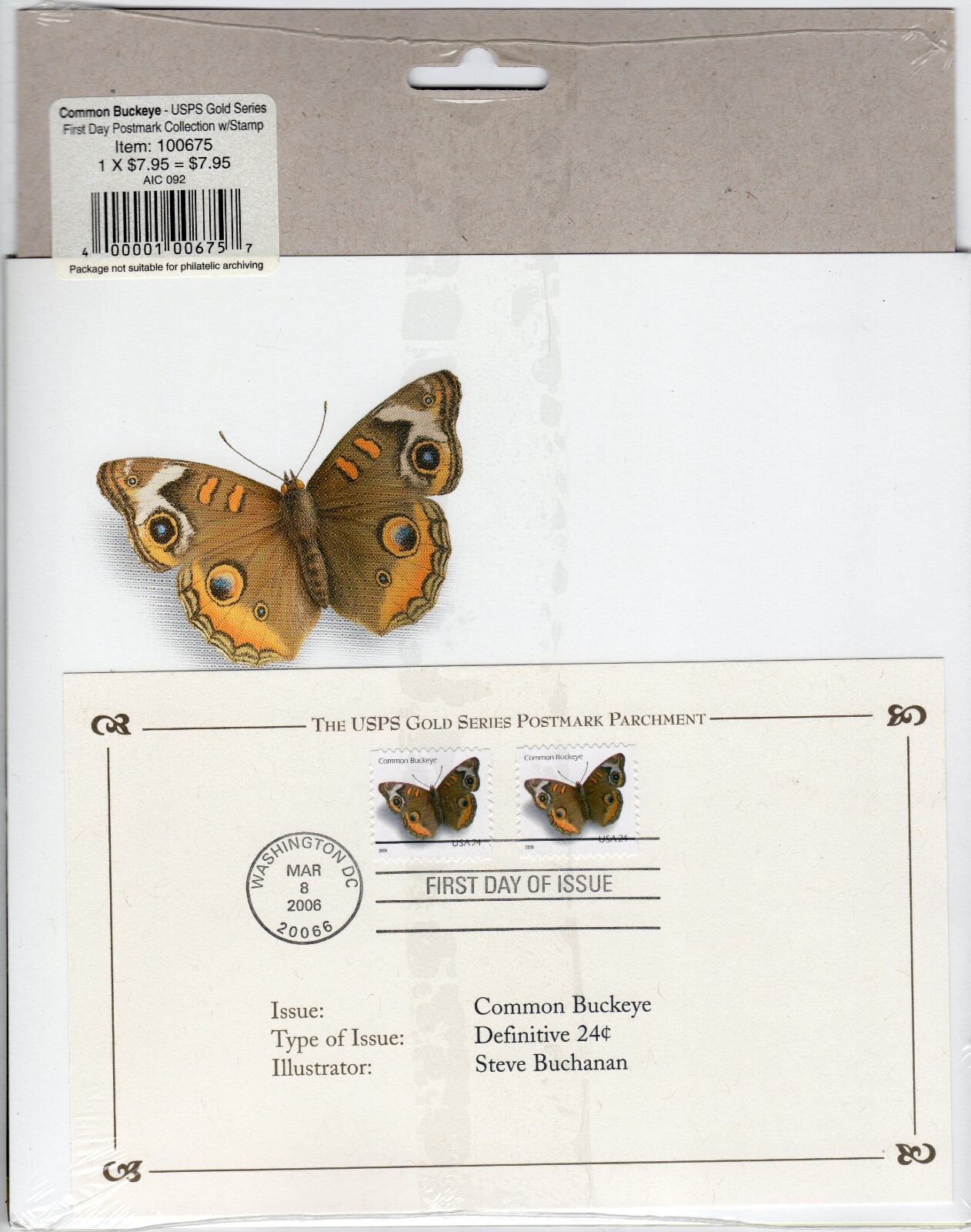 Scott #4001 Common Buckeye Gold Series with Stamp & First Day Postmark - Sealed