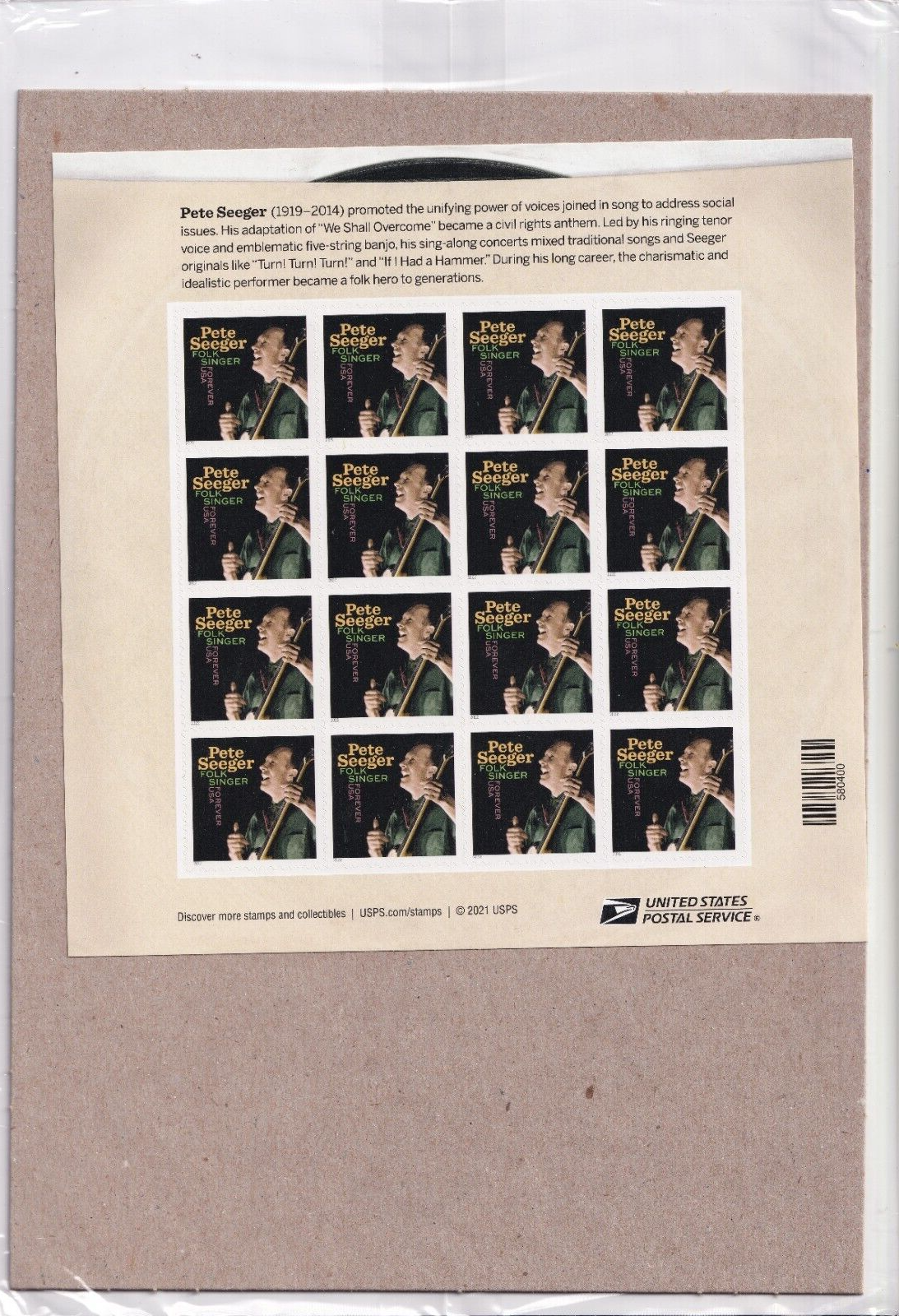 Scott #5708 Pete Seeger Sheet of 16 Forever Stamps - Sealed