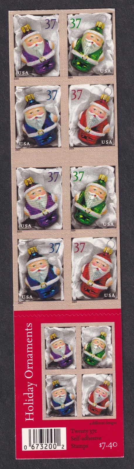 Scott #3886B Christmas Ornaments (Santa) Booklet of 20 Stamps - MNH P#S2222