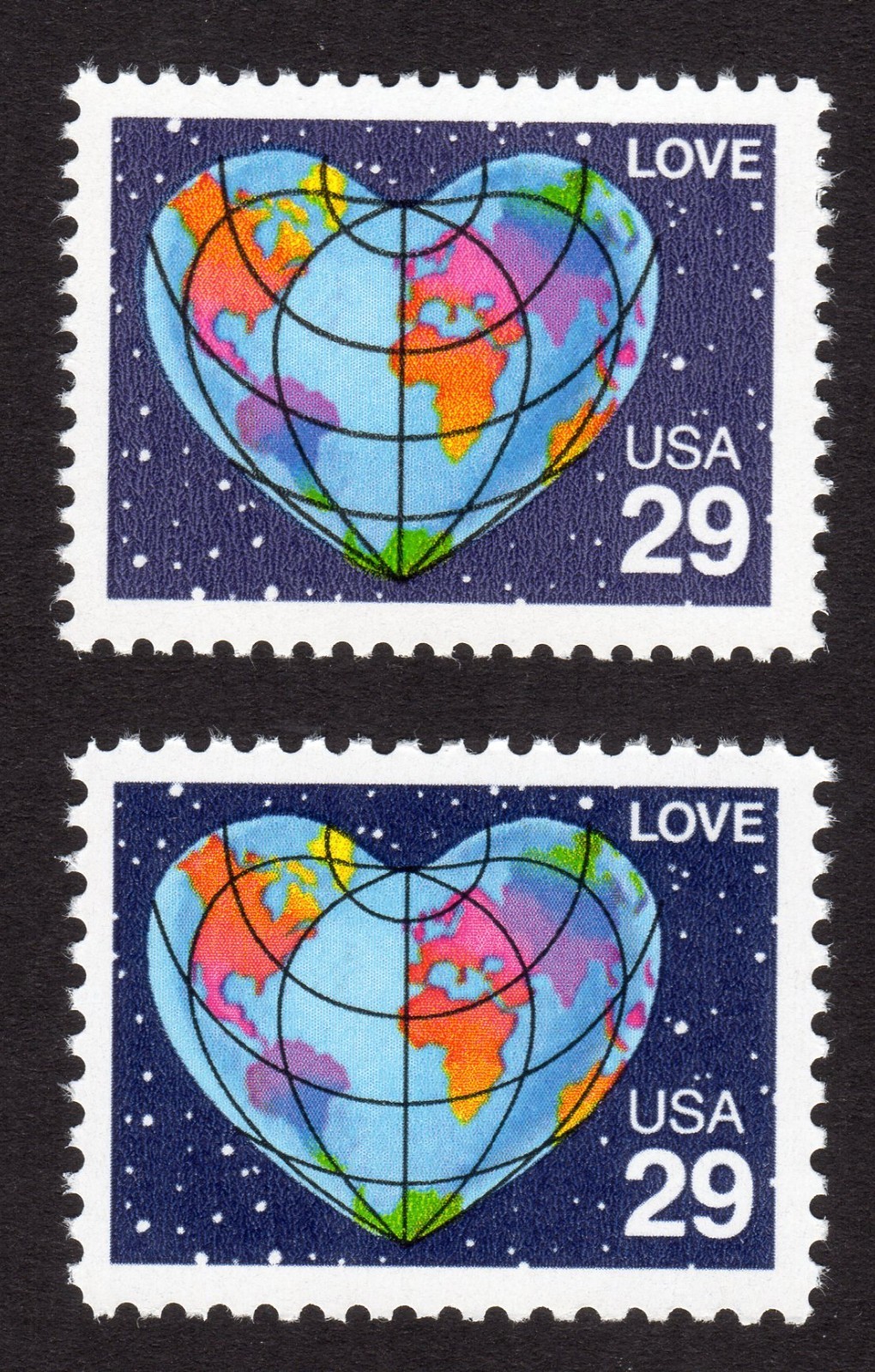 Scott #2535 & 2535A Heart Globe Map Single Stamps - MNH